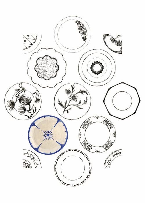 Dessin de plusieurs assiettes décorées, feutre et gouache.